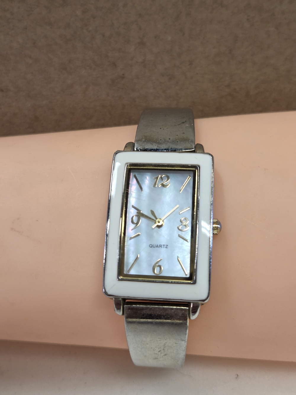 Women’s Rectangular Mother-of-Pearl Quartz Watch in White and Silver